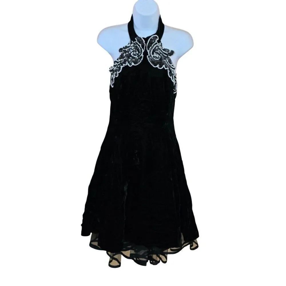 Vintage Black Velvet Halter Dress W/ Bead Sequin Detail whimsygoth elegant glam